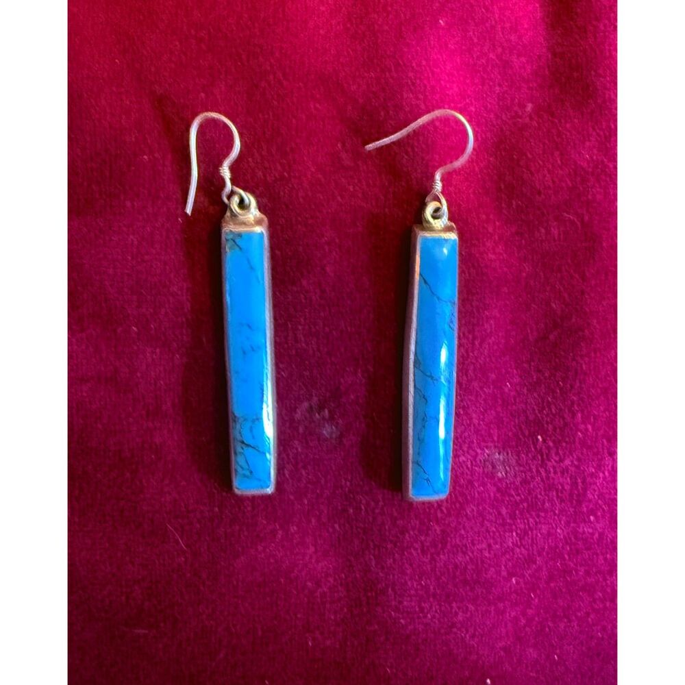 Vintage Sterling Silver Turquoise Vertical Bar Drop Dangle Earrings Southwestern